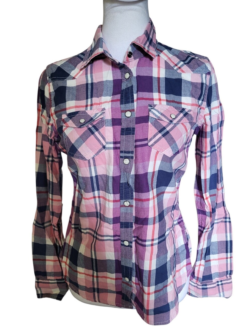 American Eagle Plaid Button-Up Shirt Purple/Pink sz M